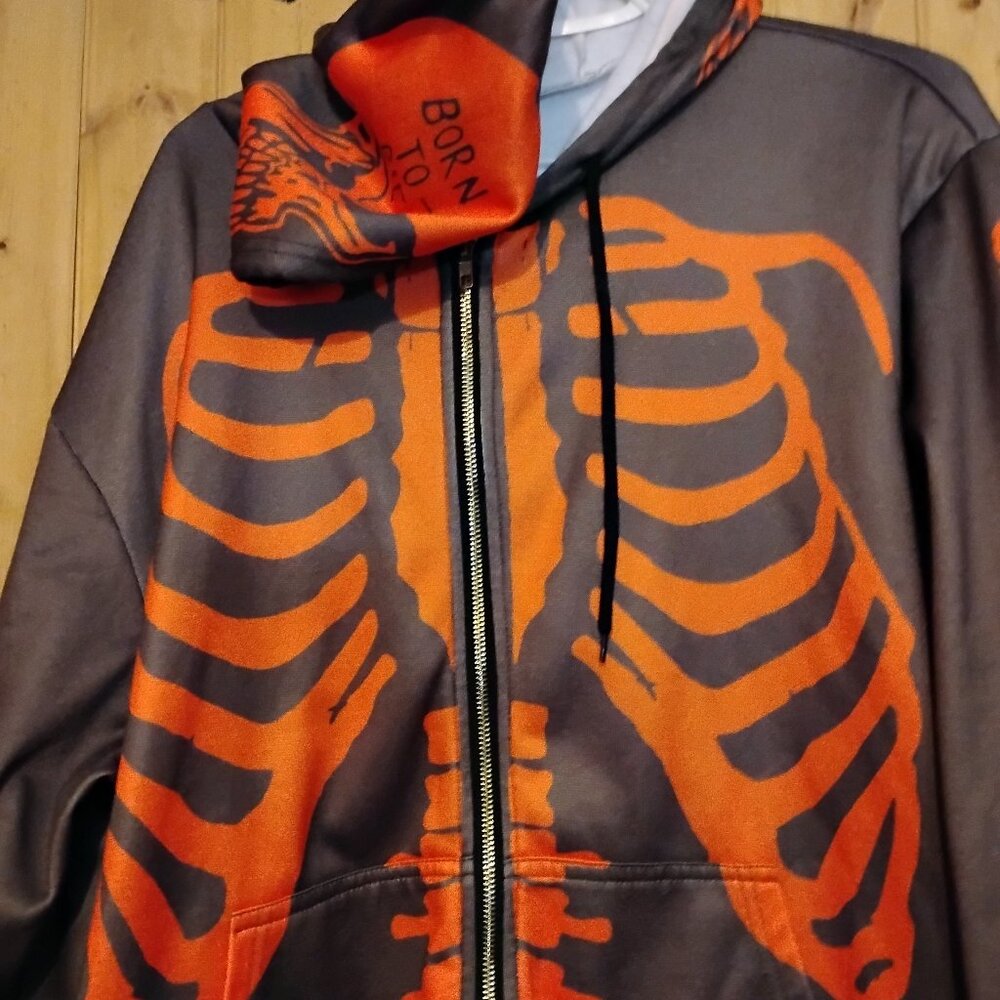 Mens Black Full Zip Skeleton Bones Skull Hoodie 4X but fits XL